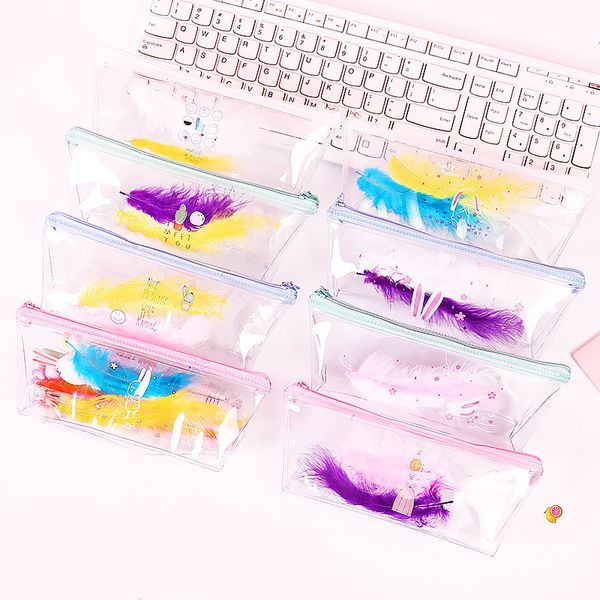 

coloffice pvc kawaii color feather transparent zipper pencil bag girl cute stationery storage bag school supplies gifts for kids