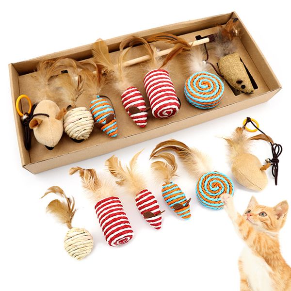 

pet supplies cat toys set funny cat stick 7 piece feather hemp rope flannel small mouse pet accessories