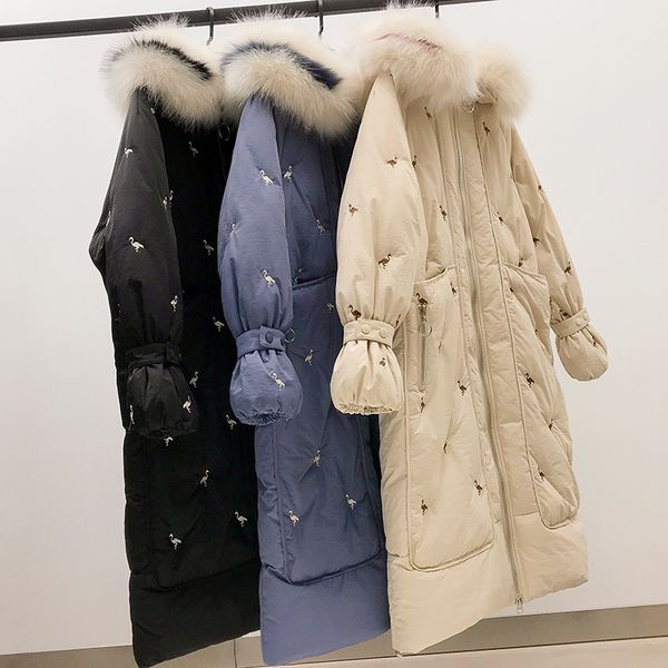 

mooirue 2019 winter harajuku parka hooded with fur collar embroidery long warm streetwear jackets cotton-padded s-xxl coats, Black