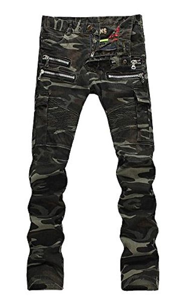 

enrica men's runway camouflage skinny zipper moto biker jeans, Blue