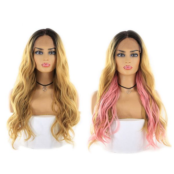 

new style stage 2 hair wigs 24" brown rose pink colored wig middle part lace front synthetic hair wigs for women, Black