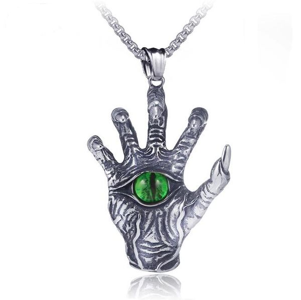 

fashion surgical stainless steel ghost claw evil eye pendant necklace for men titanium steel classical hand skeleton pendant punk hip hop, Silver