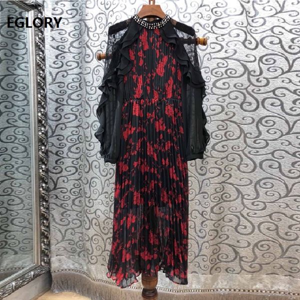 

grade new 2019 spring summer evening vestidos women hand made beading lace patchwork long sleeve pleated vintage dress, Black;gray