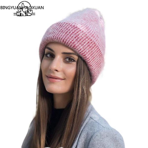 

bingyuanhaoxuan winter women knit angola fur hat cap women winter warm beanie hat outdoors sport skullies gorro beanies, Blue;gray