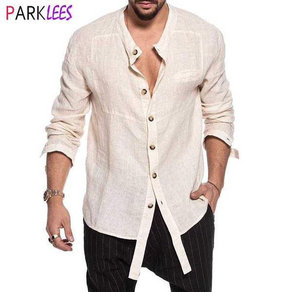 

fashion irregular cotton linen shirt men 2020 brand banded collar mens dress shirts button down casual comfortable chemise homme, White;black