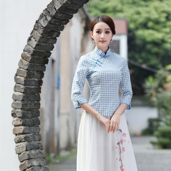 

2019 spring and summer fashion brief plaid women blouses vintage traditional chinese blouse cotton and linen elegant, White