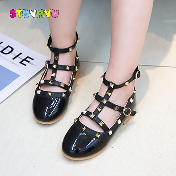 

fashion children shoes leather girls rivet dance princess shoes non-slip comfortable kids roman black white red pink, Black;grey