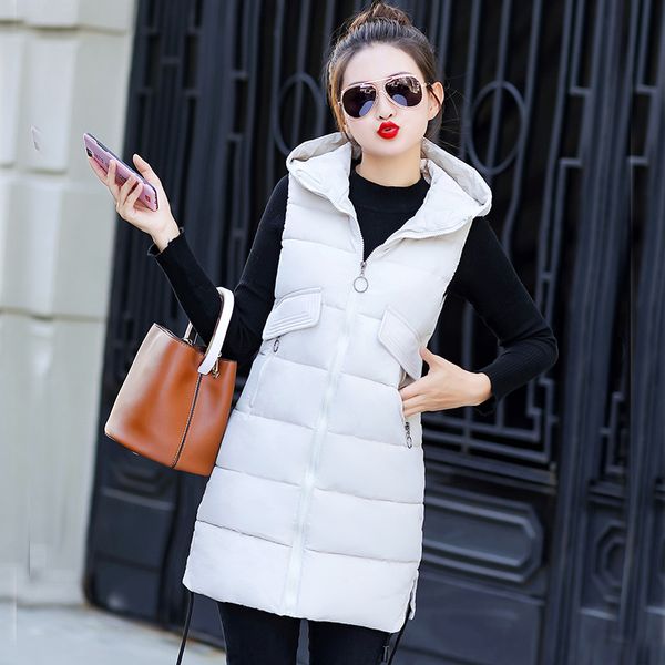

winter women waistcoat 2019 autumn long solid hooded thick warm vest coat casual sleeveless coat for female, Black;white