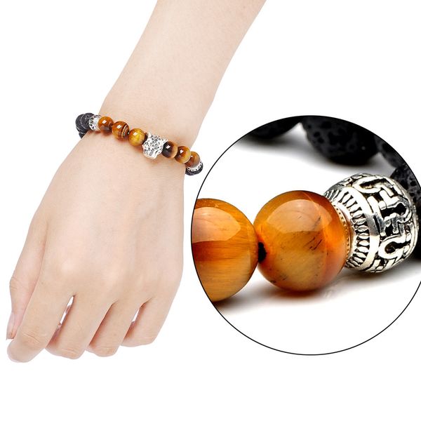 

men's natural black lava rock beads leopard head beads charm bracelet 8mm