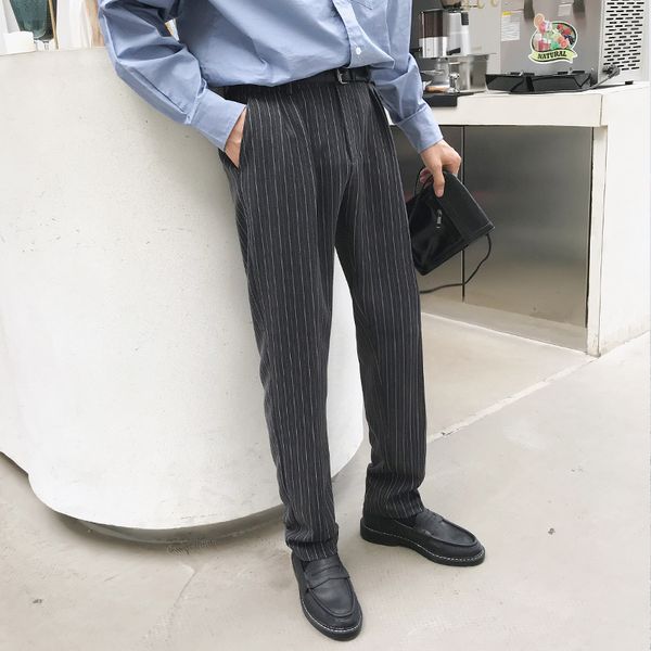 

male vintage fashion japan streetwear harem trousers men autumn winter elastic waist business casual stripe suit pant, Black