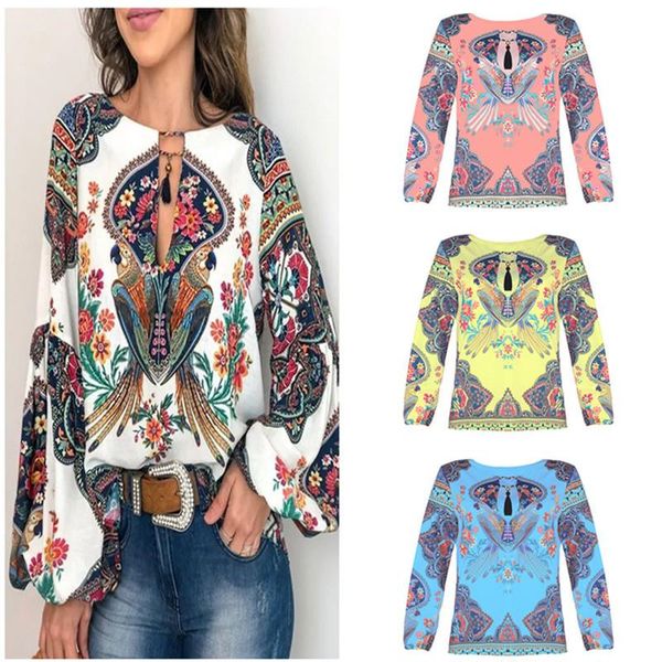 

fashion women t shirt bohemian style blouse lantern sleeve o-neck shirts causal loose blouses pullover female design blusas clothes, White