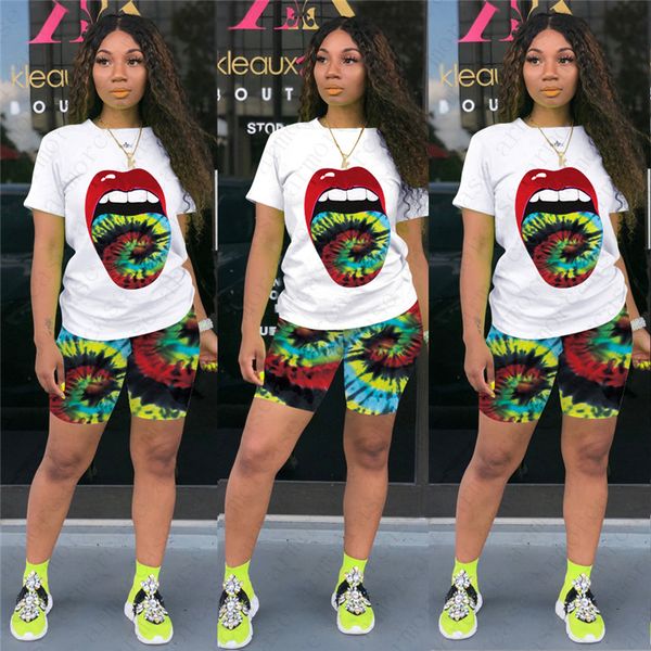 

women two piece outfits tie dye printed sports casual pants set designer lip printing short sleeve t shirt shorts set d52805, Gray