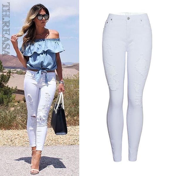 

summer style white hole ripped jeans women jeggings cool denim high waist pants capris female skinny casual jeans, Blue