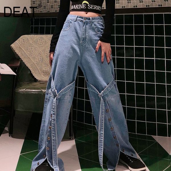 

deat] split joint strap button wide leg jeans new high waist loose women trousers fashion tide spring autumn 2020 13e844, Blue