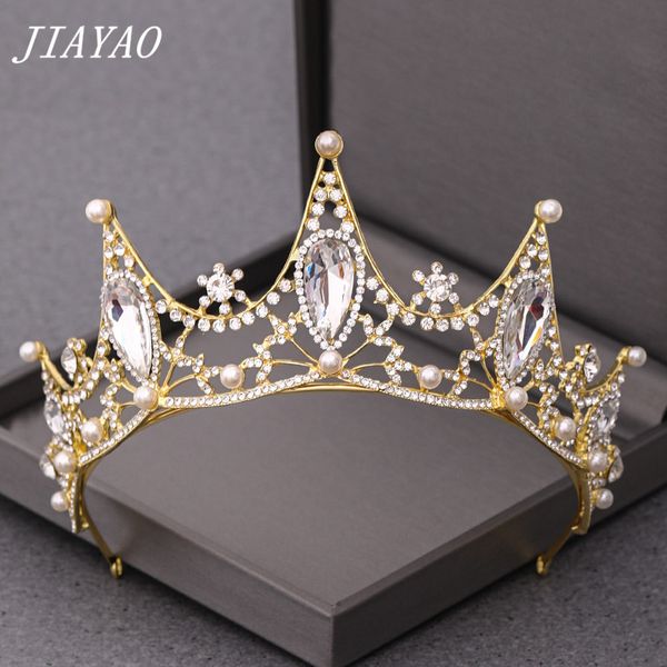 

crystal pearl tiara crown hair accessories wedding crown headband bride tiara gold wedding hair jewelry decoration on the head, Golden;white