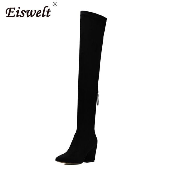 

dropshipping women winter over the knee boots high heels female quality sheepskin zip solid color thigh high boots platform, Black