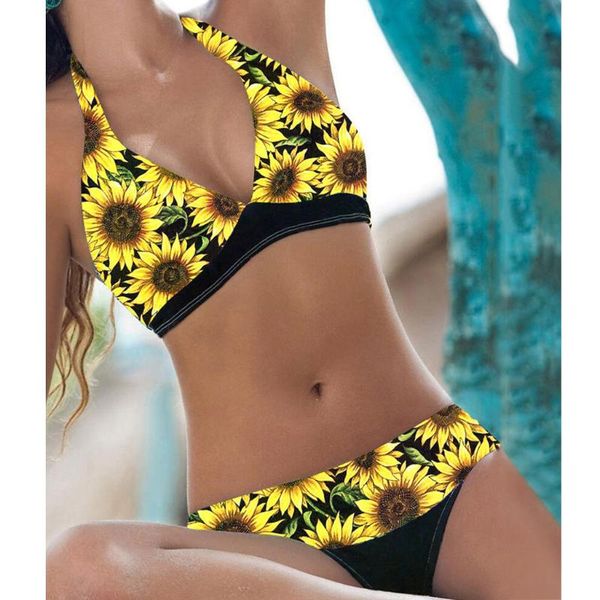 

women push up high cut v neck two pieces bikini swimwear sunflower print bandage swimsuit halter bra beachwear bañador mujer