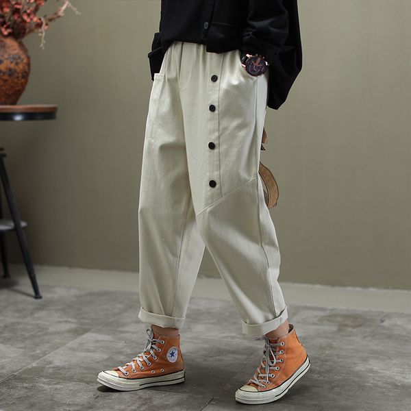 

2020 spring autumn new loose large size casual harem pants literature retro elastic waist cotton linen patchwork pants female, Black;white