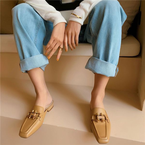 

2020 spring new design women genuine leather slipper women summer slides flats mules sandals shoes woman, Black