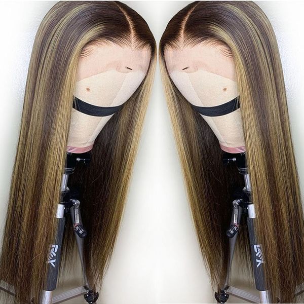 

bleached 360 lace frontal human hair wigs pre plucked with baby hair brazilian virgin human hair straight highlights wig ombre brown color, Black