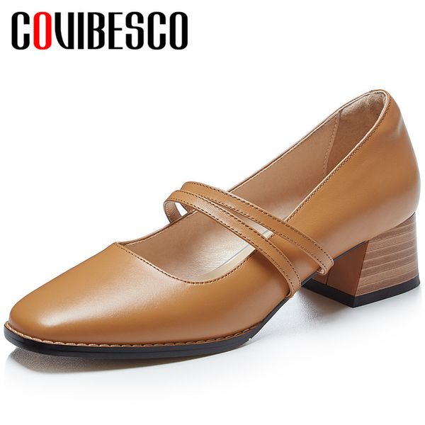 

covibesco 2020 fashion new arrival women pumps cow leather spring autumn casual shallow square toe square heeled shoes woman, Black