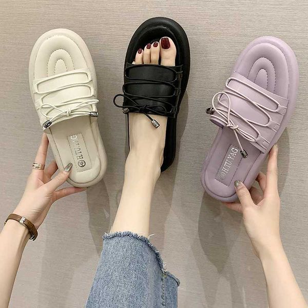 

shoes slippers casual slides slipers women platform low flat 2020 soft pu fashion rubber cross-tied basic flat shoes, Black