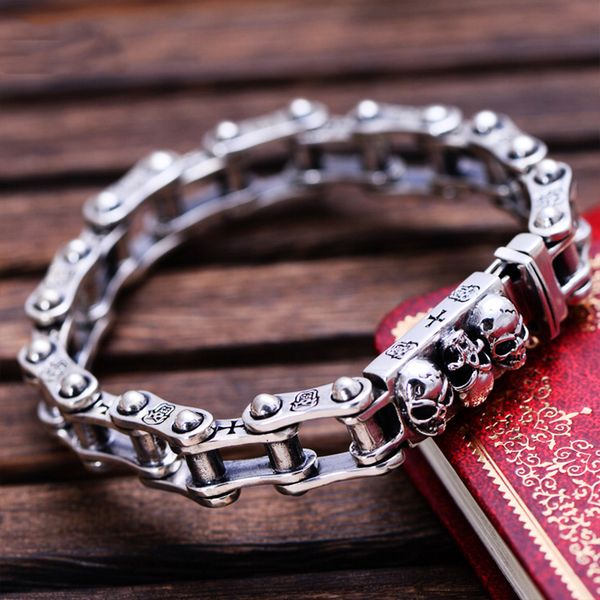 

metjakt punk rock men's thai silver skull bracelet solid 925 sterling silver locomotive bracelet for biker men's jewelry, Golden;silver