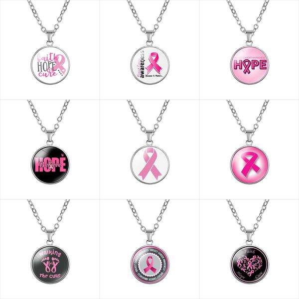 

breast cancer awareness pink ribbon necklaces for women glass faith hope cure believe letter pendant chains fashion jewelry in bulk, Silver