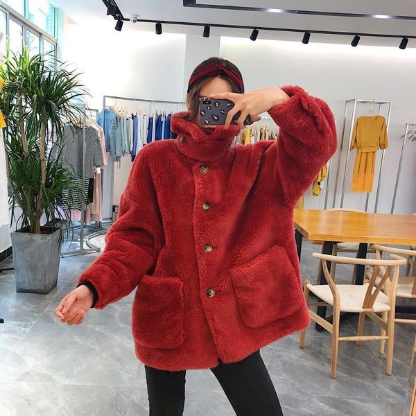 

2019 new winter women genuine 100% wool loose coat female thick warm real sheep shearing fur jacket overcoat abrigo mujer e10, Black