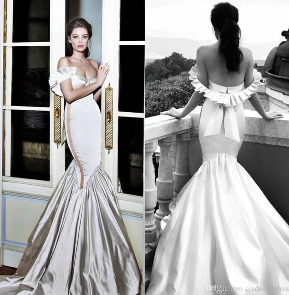 

2020 strapless ruched ruffles mermaid wedding dresses satin backless bridal gowns plus size arabic slim fitted wedding dress bc2401