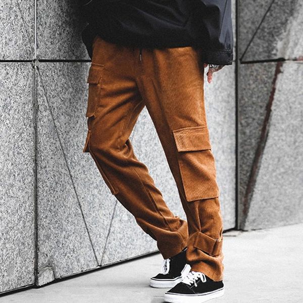 

fashion multi pockets multifunction sweat pants men's casual loose patchwork pockets overalls corduroy pencil pants#g40, Black