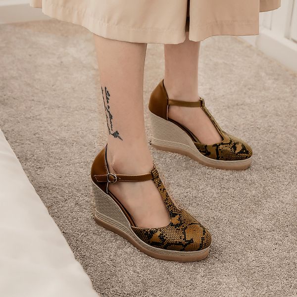 

summer 2020 vintage snake print black white brown pink wedge shoes for women strap platform ladies pumps big size