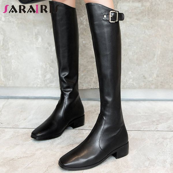 

sarairis new 33-45 knee high riding boots women 2019 brand square toe knight boots ladies chunky heels shoes woman, Black