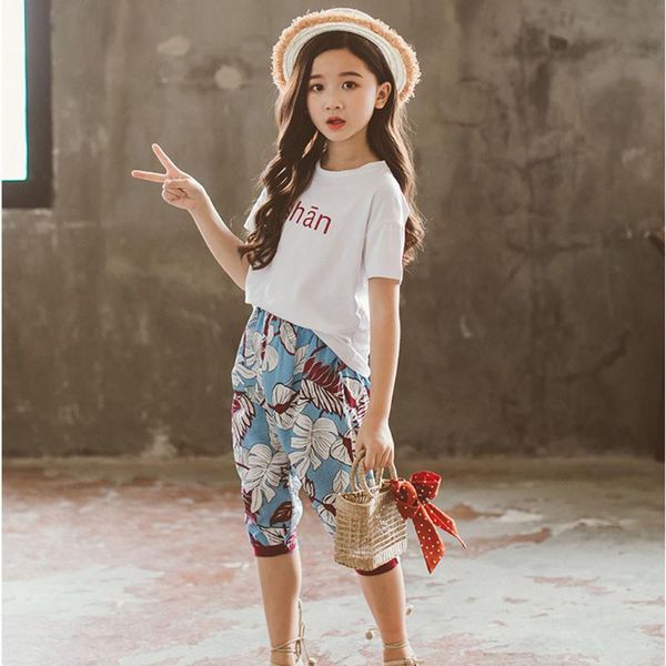 

children clothes kids baby girl set letter casual loose o-neck short sleeve tee t-shirt floral pants set outfits clothing summer, White