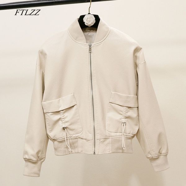 

ftlzz autumn women faux soft leather pu jacket coat casual loose bomber overcoat female zipper baseball uniform street outwear, Black