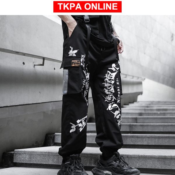 

men japanese streetwear punk cargo pants 2020 harem pants mens joggers function big pocket harem, Black