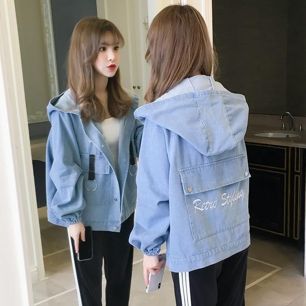 

2019 new denim jacket female spring autumn thin short denim outerwear casual wild solid color hooded women coat jia330, Black;brown