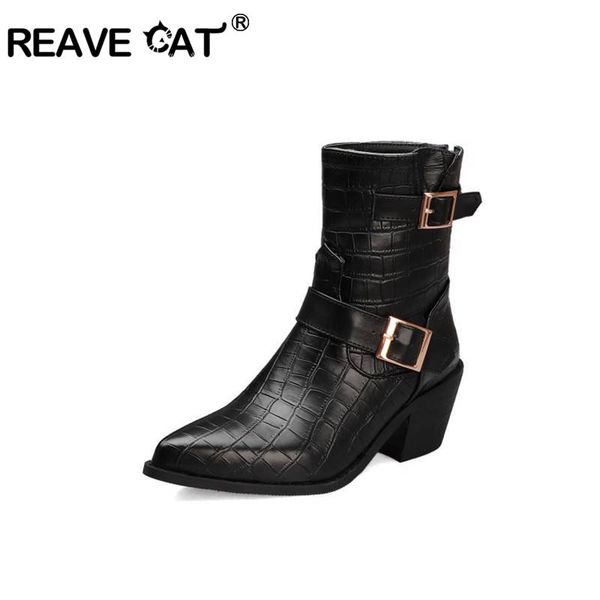 

похищать cat женщина ботильоны остроконечных toe площади толстого каблук zipper bukle cowboy большого размер 33-48 черных коричневая мода ос, Black