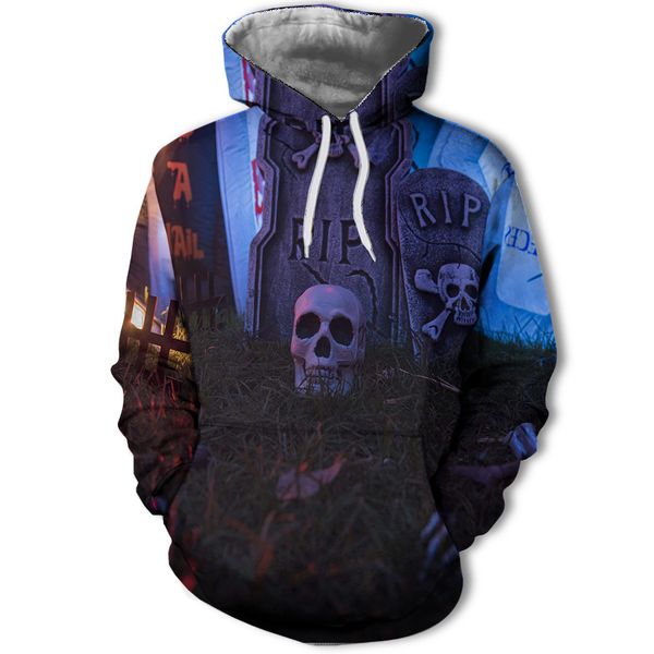 

mens designer halloween cemetery skeleton tombstone 3d digital printing sweater with hat, Black