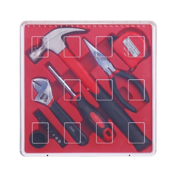 

17pcs household repair hand tool kit set with plastic storage case hammer pliers screwdriver bits tape measure