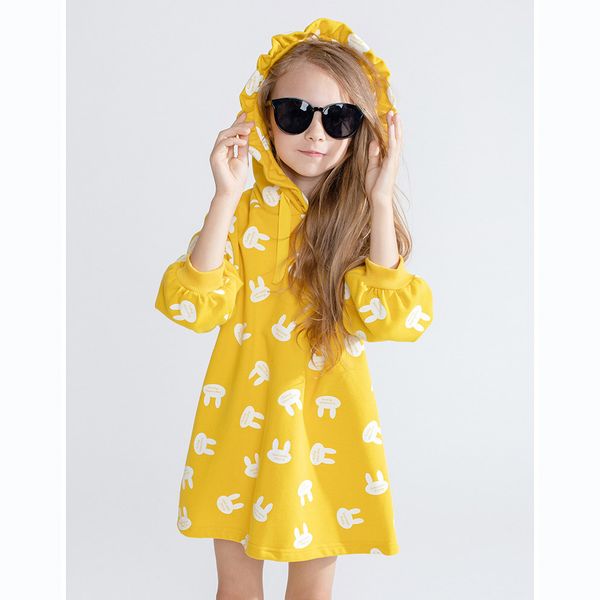 

дети дизайнер платье девушки марка свитер-платье детский мультфильм с капюшоном платья девушки милый кролик печати юбка сплошной цвет 2019 о, Red;yellow