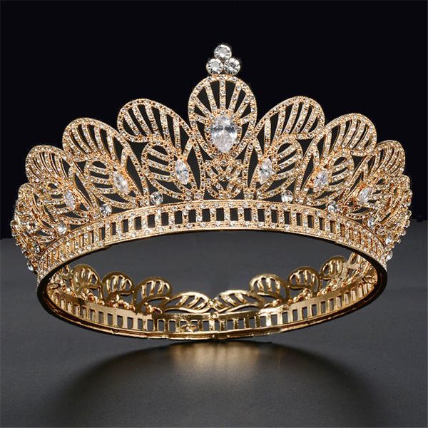 

baroque queen king round crown bride headdress zircon tiaras crowns round diadem prom bridal hair jewelry wedding crown pageant, Golden;white