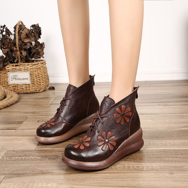 

2019 winter new genuine leather ladies short boots embroidered soft warm lace-up wild non-slip wedge shoes women's shoes, Black