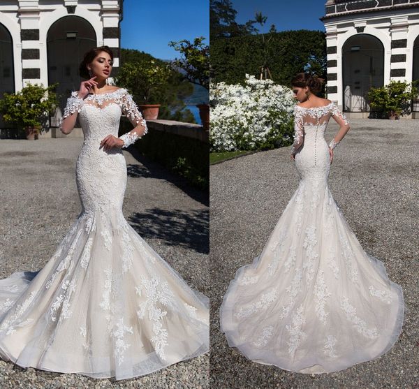 

lussano 2020 mermaid wedding dresses lace appliques long sleeves bridal gowns sweep train castle wedding dress robe de mariÃ©e, White
