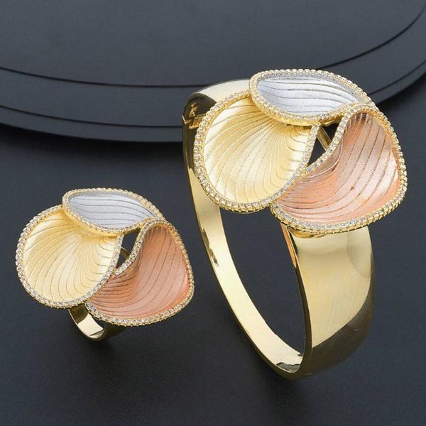 

zlxgirl fashion dubai jewelry sets gold color cubic zirconia flowers bangle adjustable ring set, Silver