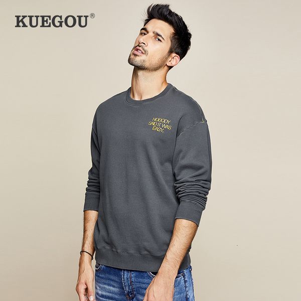 

kuegou 2019 autumn 100% cotton embroidery plain sweatshirts men fashions japanese streetwear hip hop male brand clothes 1278, Black