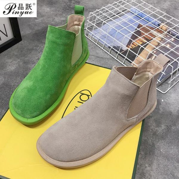 

retro women's shoes female cow suede leather matte flat heels casual ankle boots candy colors preppy style boots, Black