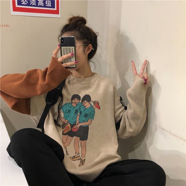 

vintage style character print autumn winter korean loose casual long sleeve knitted pullovers sweaters women clothing panelled, White;black