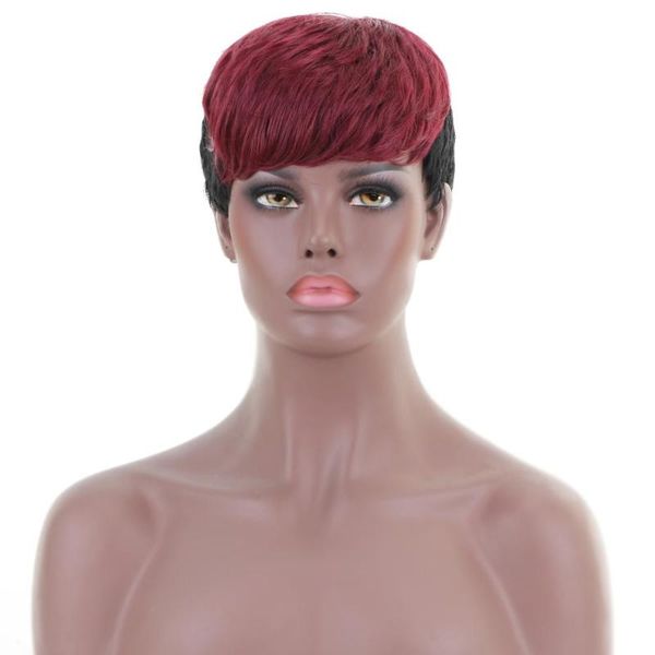 

beauty 10'' short body wave burgundy black brown dark roots synthetic wigs with bangs for women cosplay party daily make up