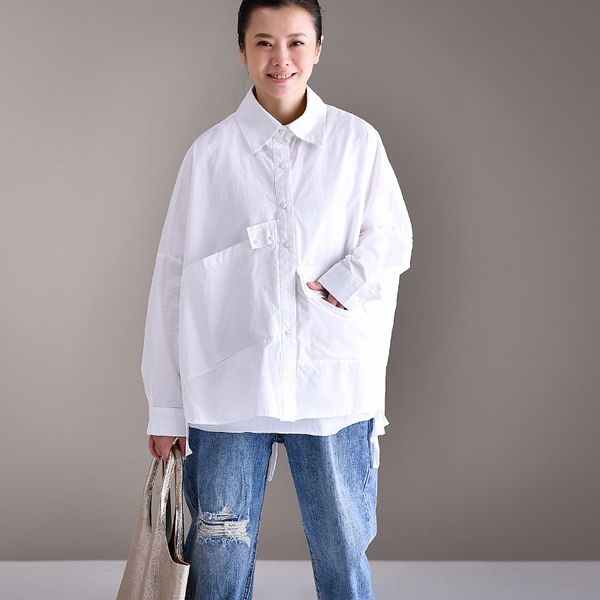 

micoco c2113 short back long loose turtleneck long sleeve short shirt, White